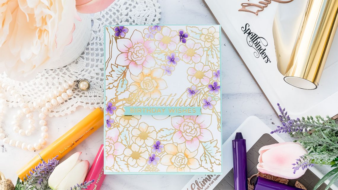 Video: Hot Foil Resist and Watercolor with Flower Pattern Glimmer Hot Foil Plate & Color Sticks by Jane Davenport. Handmade card by Yana Smakula