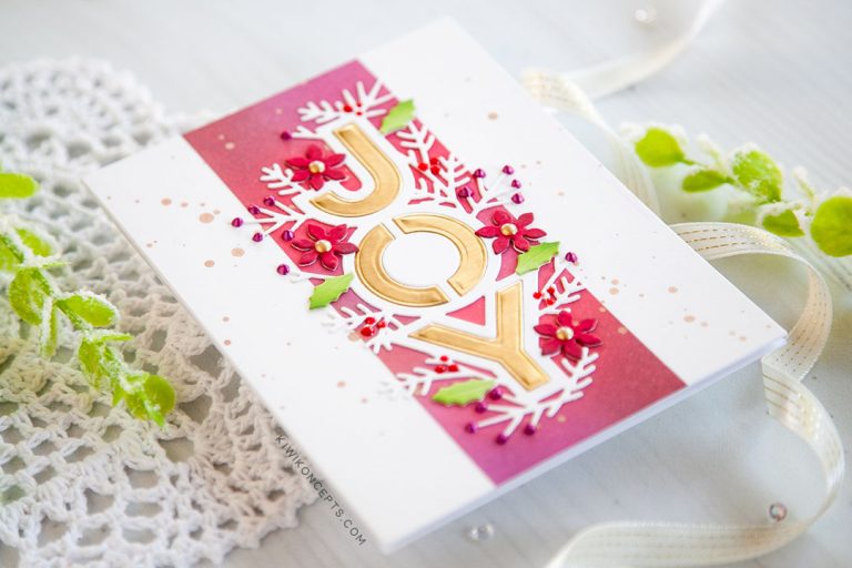 Spellbinders Holiday 2019 Inspiration | Clean & Simple Christmas Cards with Keeway Tsao. Keeway says: "My first card features the Joy Dies. This delicate die cuts out the world ‘JOY’ with a border decorated with several holiday floral and foliage shapes."