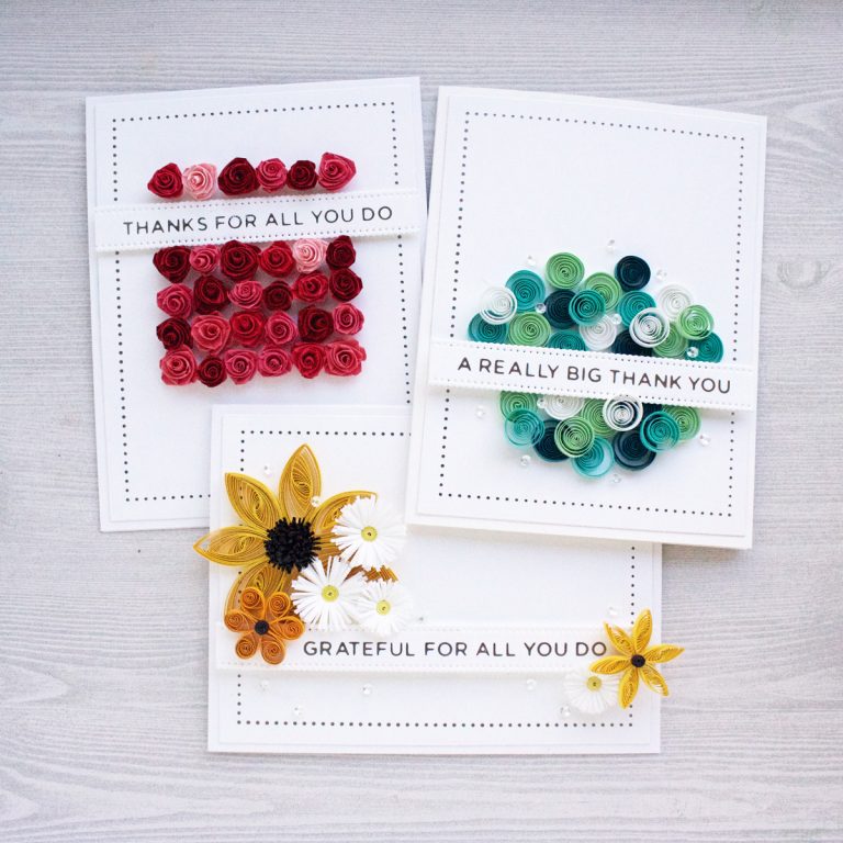 Spellbinders Modern Essentials Collection -  Inspiration | Quilled Thank You Card Trio with Niki #Spellbinders #NeverStopMaking #GlimmerHotFoilSystem #HotFoiling