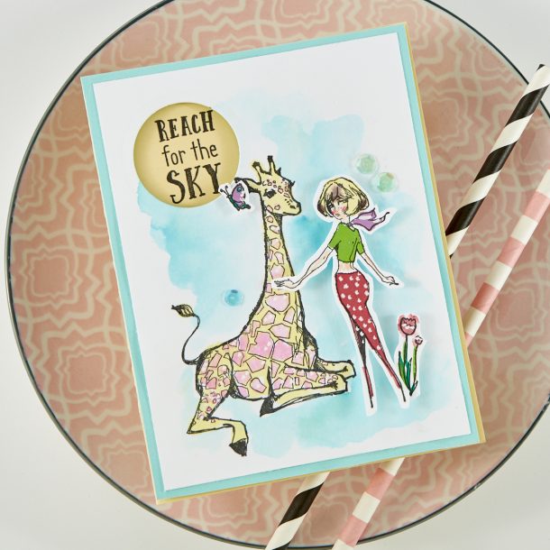 Spellbinders Cardmaking Inspiration | Reach for the Sky Handmade Card Featuring Jane Davenport Clear Stamp Giraffe Wisdom (JDS-053) with Kim Kesti #Spellbinders #Cardmaking #NeverStopMaking #Stamping