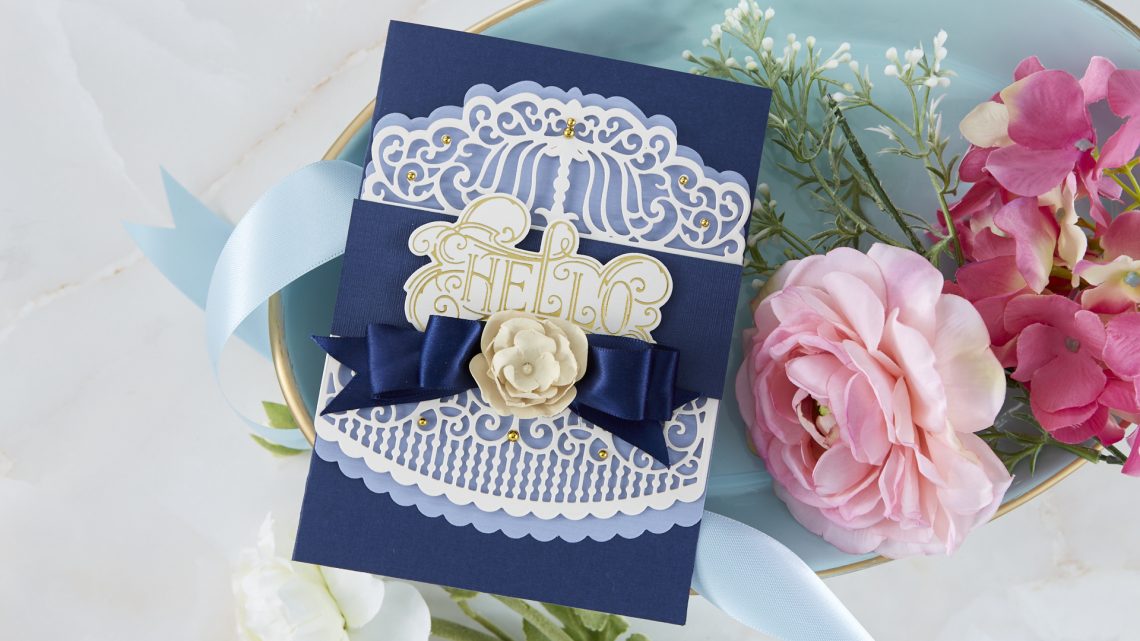 Spellbinders Cardmaking Inspiration | Hello Card Featuring Candlewick Colonnade Border with Kim Kesti #Spellbinders #NeverStopMaking #GlimmerHotFoilSystem