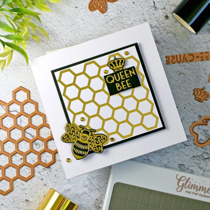 Becca Feeken Sweet Cardlets Glimmer Project Kit | Cardmaking Inspiration with Sandi MacIver | Video Tutorial | Just BEE Cause Card #NeverStopMaking #DieCutting #Cardmaking #GlimmerHotFoilSystem