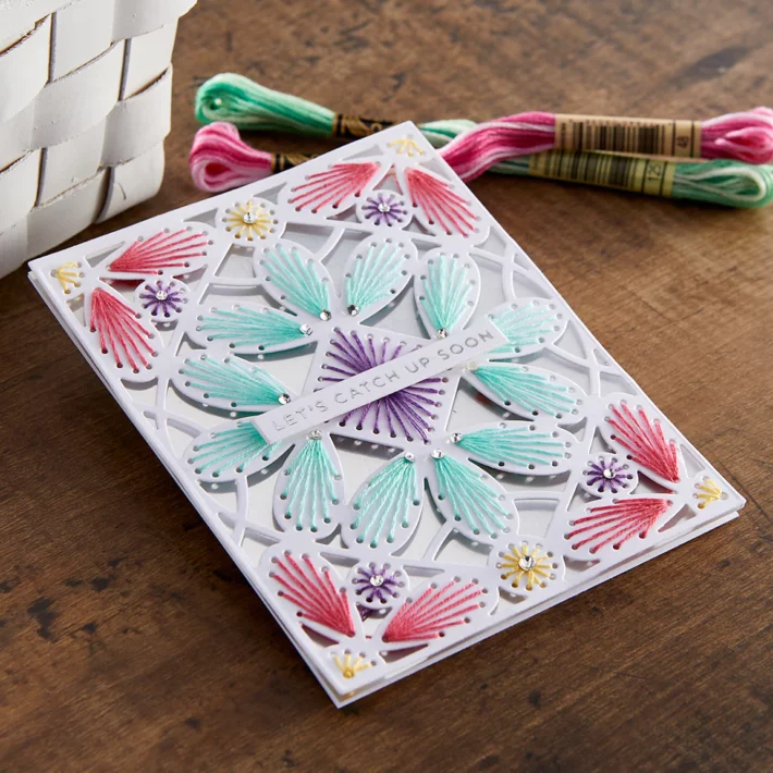 Let's Catch Up Soon Card | Spellbinders Stitched Petal Frame Etched Dies