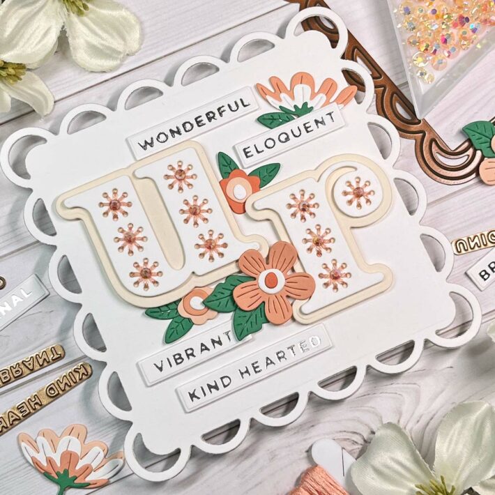 Spellbinders Stitched Alphabet Cards We Love | Stitched U R Card by Michelle Woerner